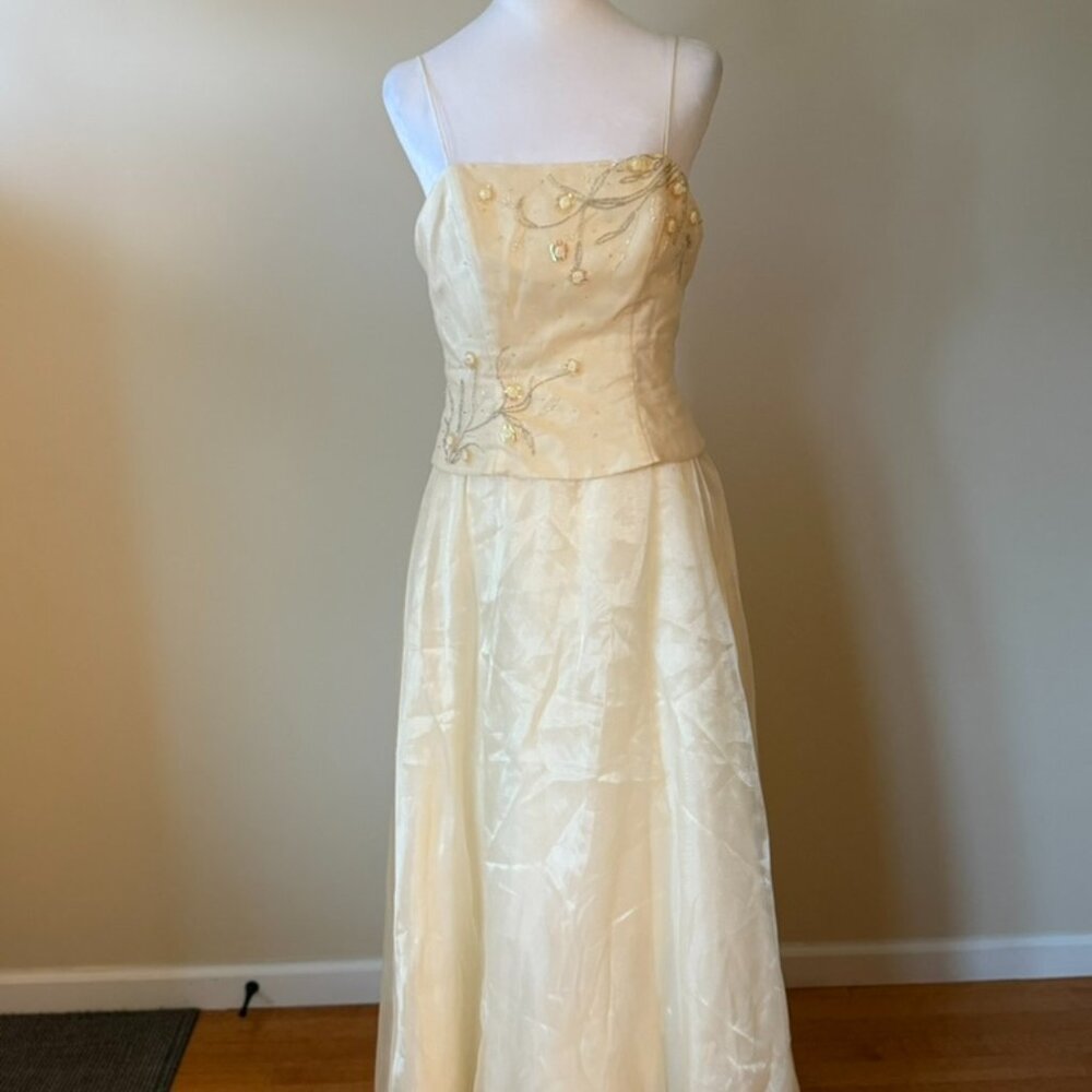 VTG Y2K Niki Livas Ivory Floral Sequin Overlay Maxi Dress 8 Cottagecore Prom - Picture 1 of 9